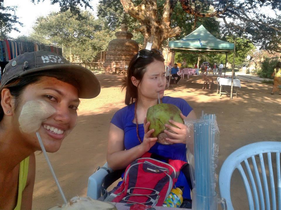 Drinking coconut juice in Bagan